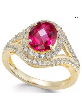 Lab Grown Ruby & White Sapphire Halo Ring 14K Gold Plated Sterling Silver | July